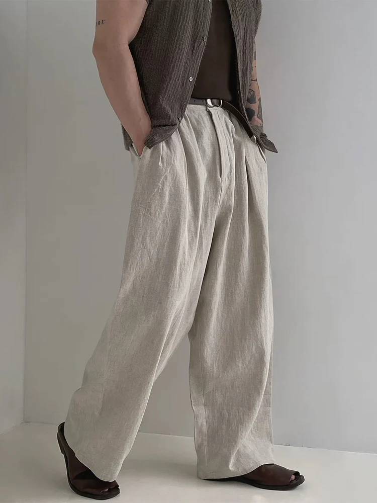 

Loose Fit Men's Cotton Linen Workwear Pants American Sle Wide Leg Floor Length Trousers Double Pleat Linen Suit Pants Trendy