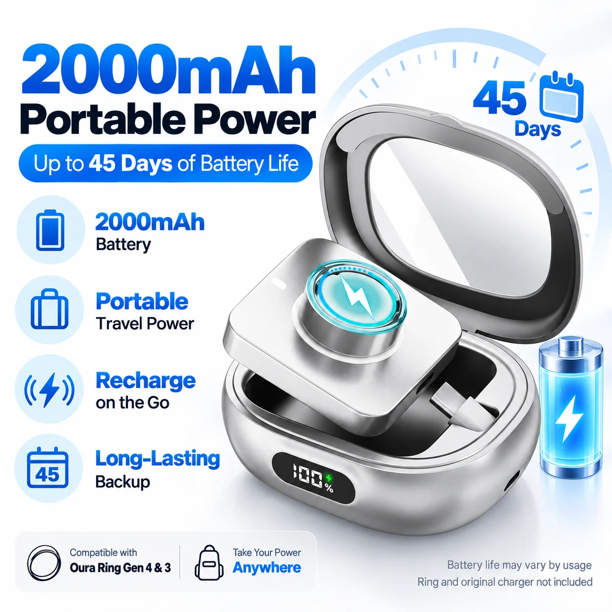 Smart Ring Charging Case Portable Charger Box for Oura Ring Gen 4 & 3 Fitness Rings with Magnetic Charge Port