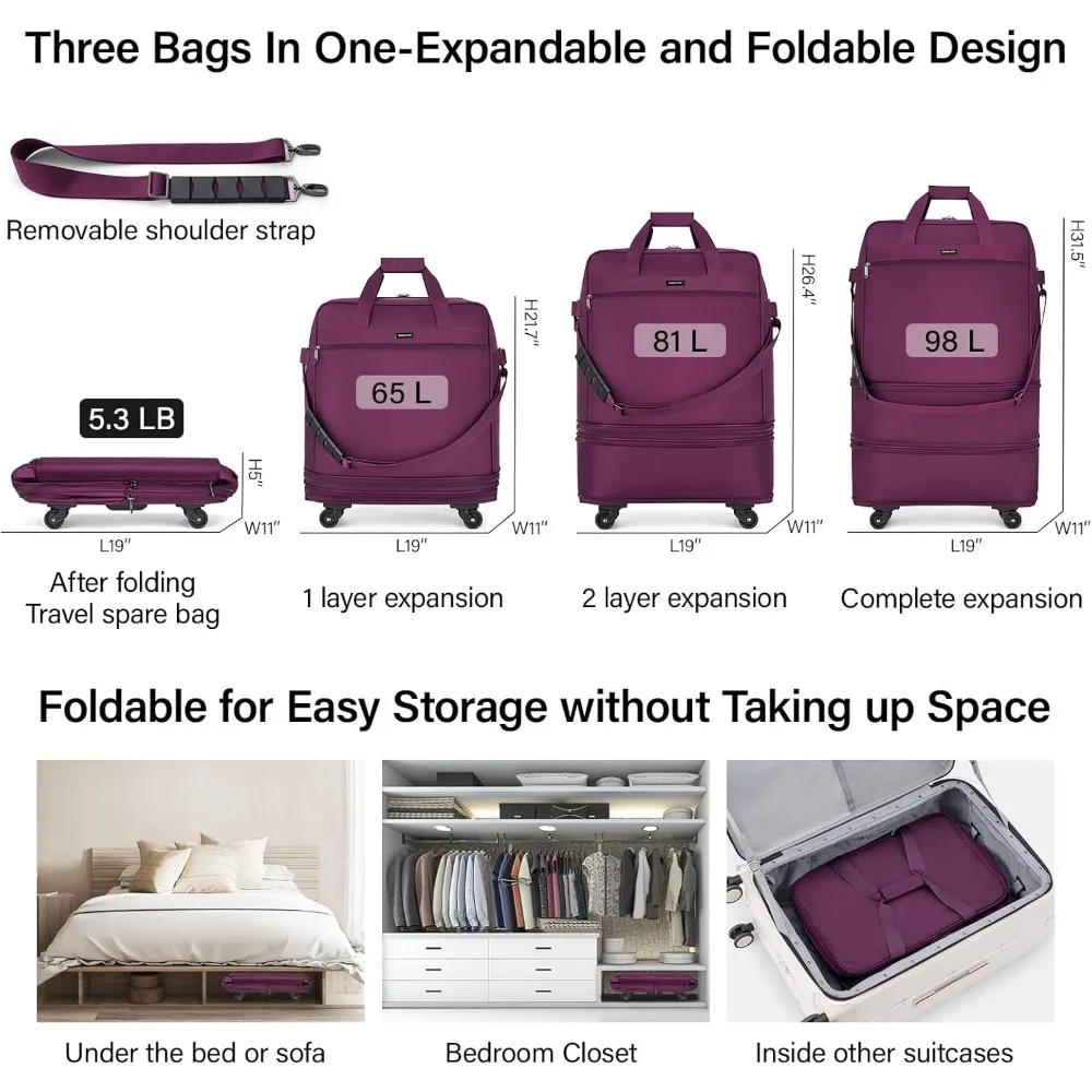 Bolsa de bagagem dobrável expansível com rodas para viagens – Bolsa de lona dobrável para homens e mulheres mala leve