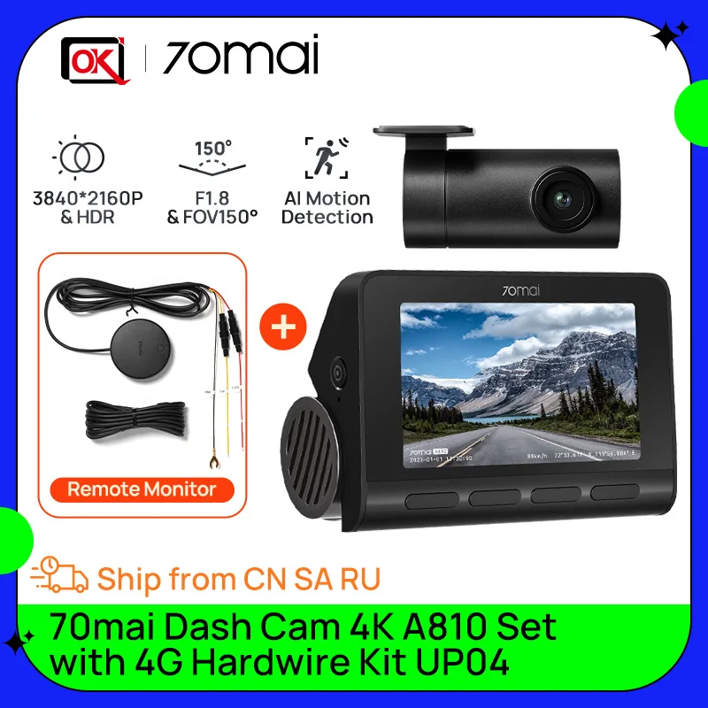 70mai Global Cam A810-2 Set With 4G Hardwire Kit UP04 Ultra HD 4K AI Motion Detection Car DVR And Rear Built-in GPS ADAS 150°FOV