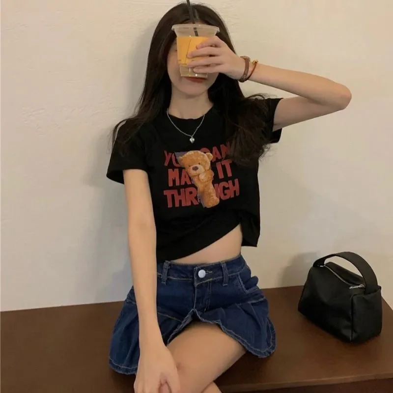 Bear Printed Short Sleeve T-Shirt Women Summer Pretty Style Vintage Basic Crop Tops Fashion Letter Female Harajuku Y2K Hot Tees