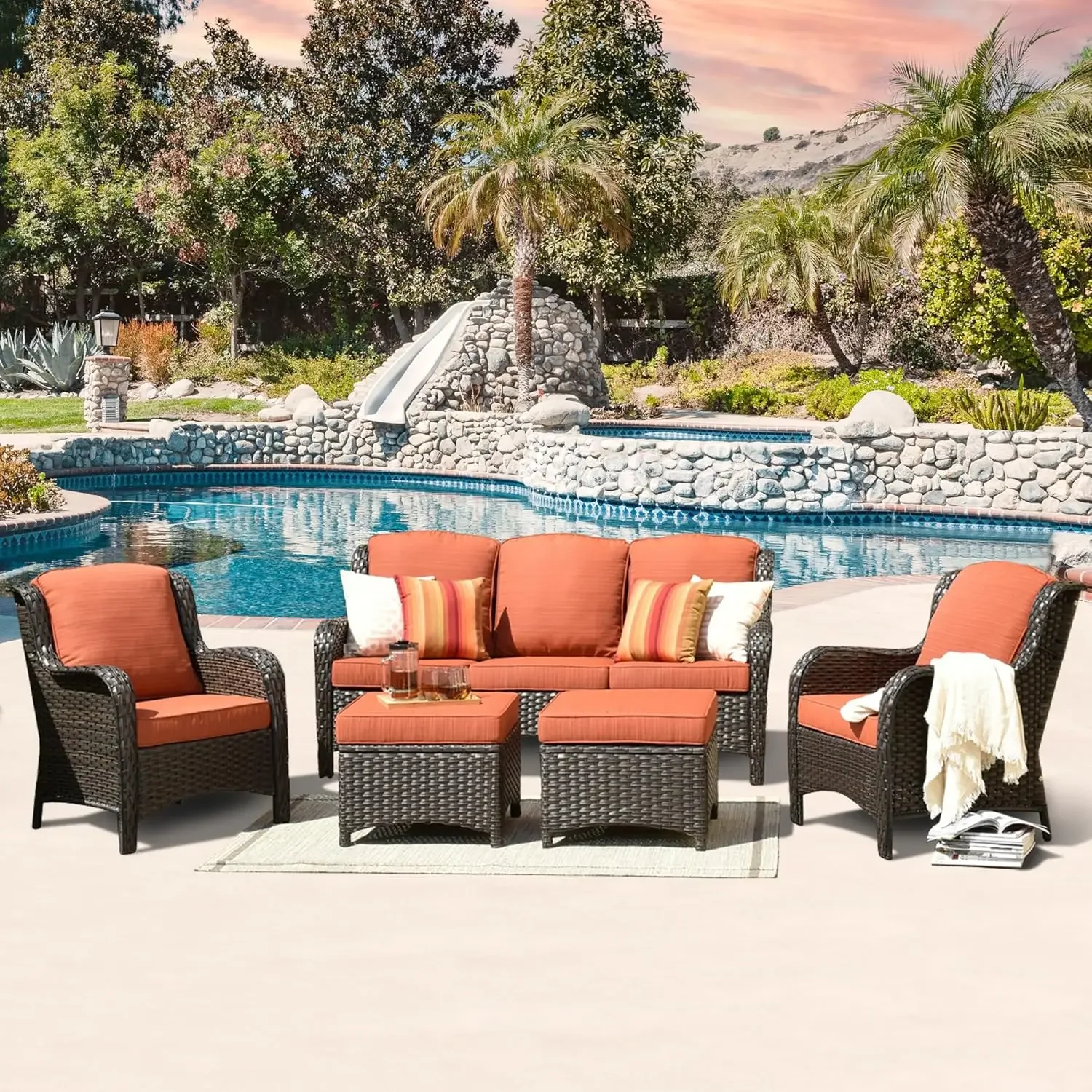 

Patio Furniture Set, 5 Piece Outdoor Wicker High Back Sofa with Comfy Cushions Ottomans, All Weather Conversation Set