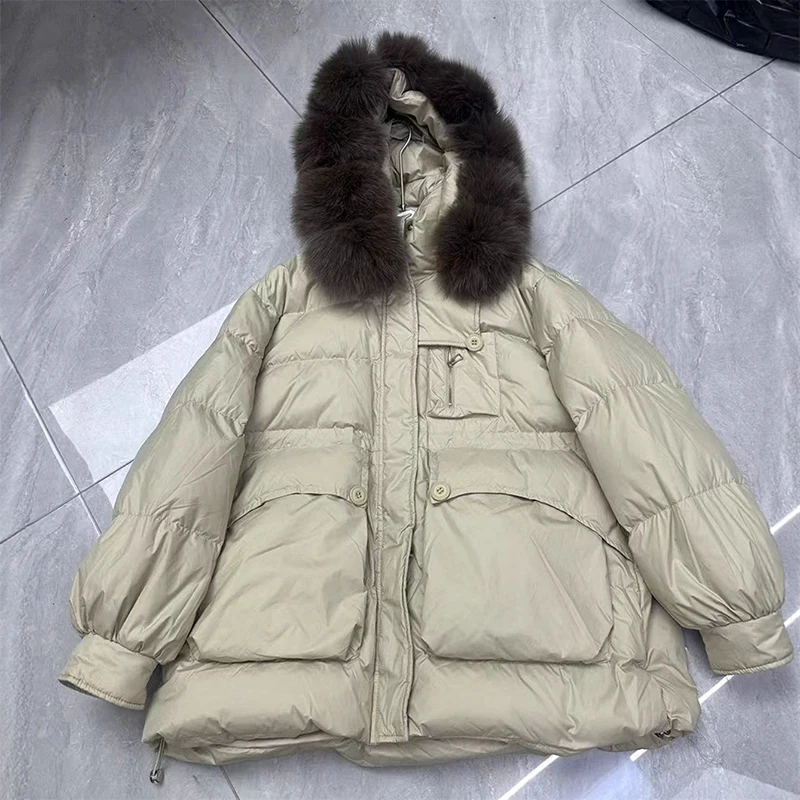 الشتاء الطبيعي كبير الفراء طوق منتصف طول أسفل سترة المرأة الأبيض بطة أسفل مقنعين باركر أبلى الإناث سستة سترة سميكة دافئة #4