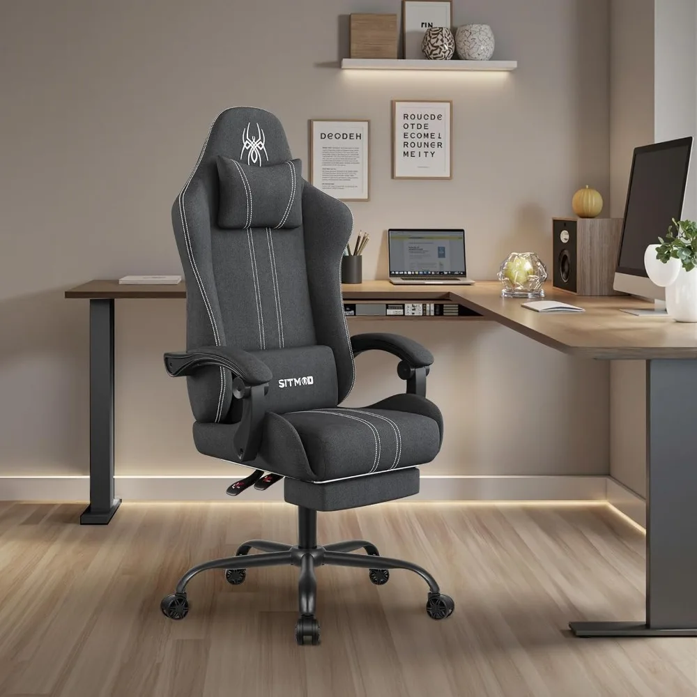 كرسي ألعاب مريح من القماش مع مسند للقدمين، كرسي كمبيوتر مسامي للكبيرة والطويلة، وسادة داعمة للفقرات القطنية، ألعاب مريحة #2