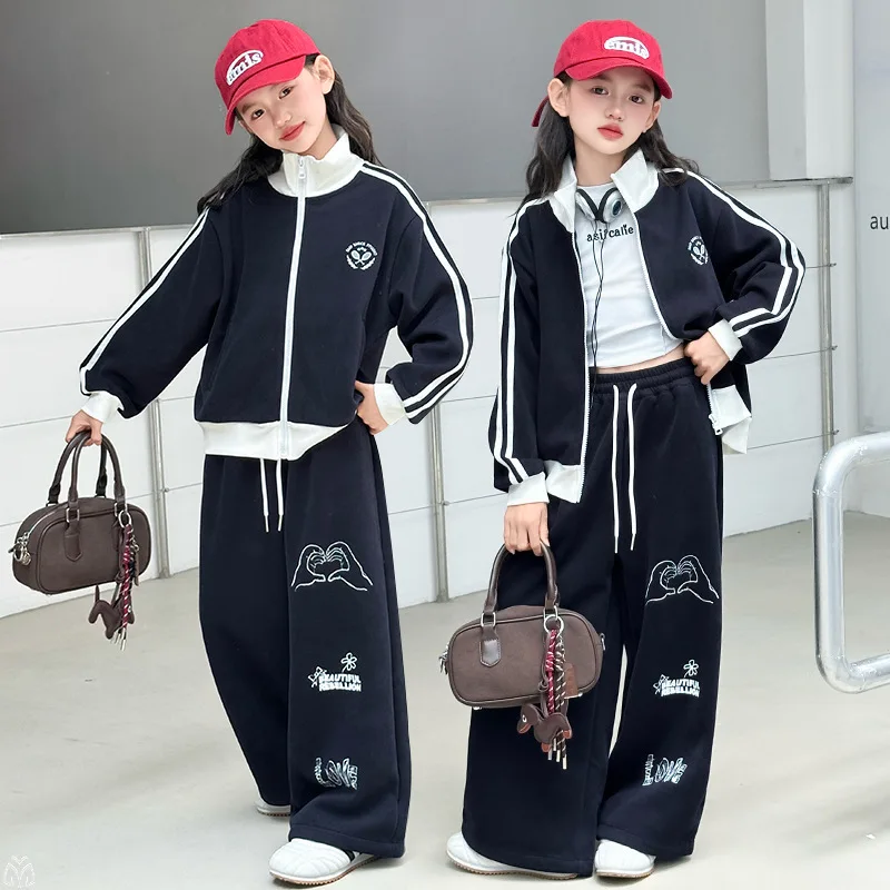 2026 New Autumn Girls Tracksuit Color Block Zip Up Jacket Loose Sweatpants 2Pcs Outfit Teenagers Kids Casual Sportswear Set