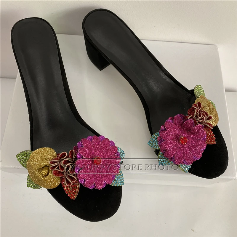 Bling Sequins Colorful Flower Sandals For Girls Luxury Suede Open Toe Slingbacks Crystal Rhinestone Mules Summer