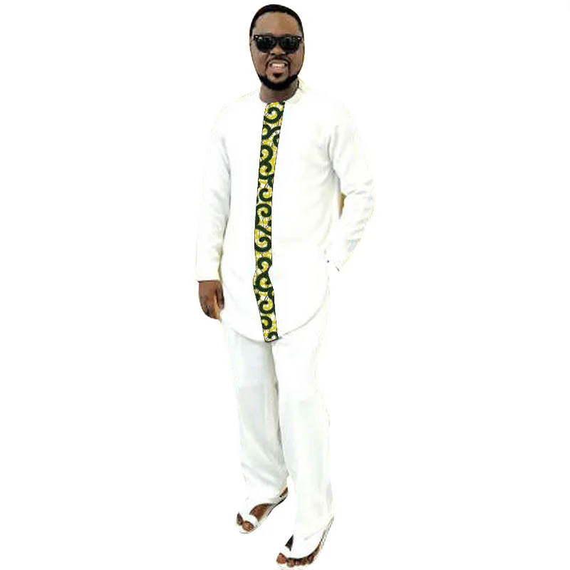 

Tailored Men Sets Original Design Patchwork Shirt With Solid White Pant Nigerian Groom Suit Male Party Costume