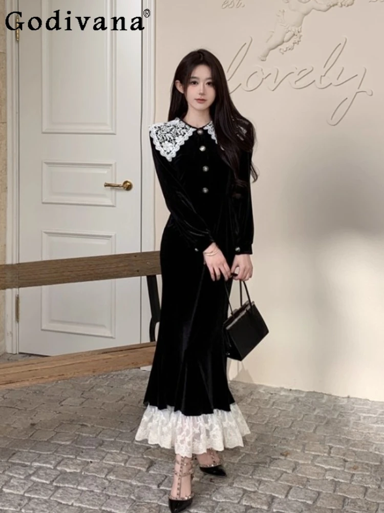 

Autumn Winter Retro Large Size French Lace Velvet High Waist Dress Lady Sweet Peter Pan Collar Temperament Fishtail Long Dresses