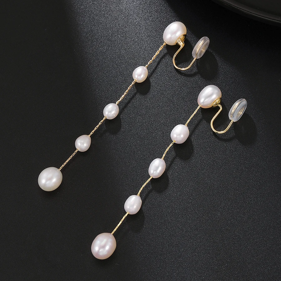 2023 Korean Elegant Natural Frashwater Pearl Tassel Clip on Earrings for Women Golden Non Pierced Bridal Earrings Jewelry Gift