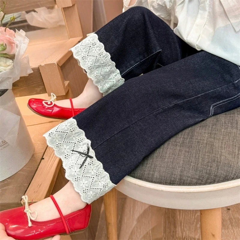 

Girls' Spring and Autumn Lace Lace Jeans 2026 New Children's Autumn Clothes Girls Fashionable Casual Pants Wide-leg Pants 2-8T