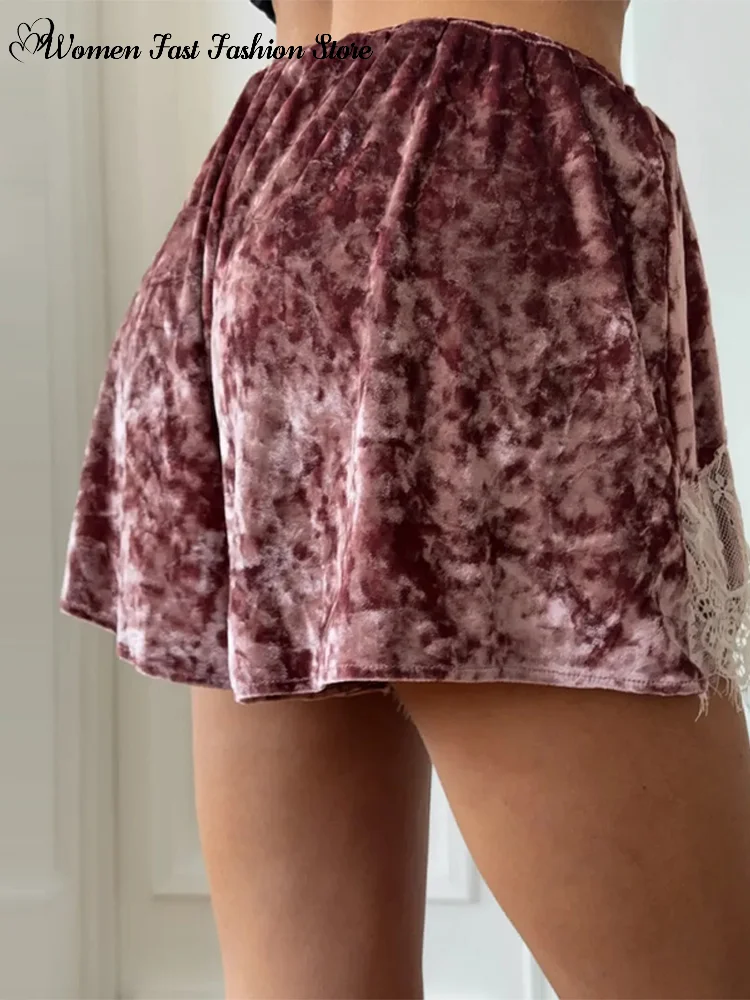 Sexy Lace Splicing Velvet Short Pants Women's Loose Elastic Waist High-waisted Mini Shorts 2026 Summer New Female Streetwear - Image 2
