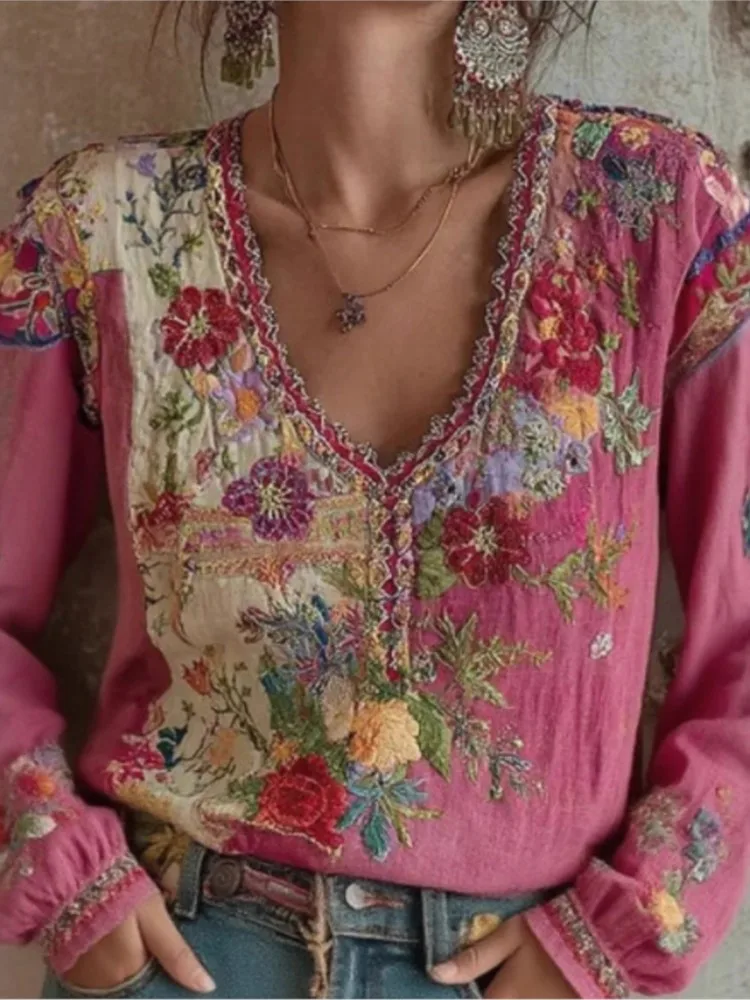 

Casual V Neck Print Shirt For Women Fashion Long Sleeve Pullover Shirts Tops Lady Boho Holiday Vintage Women's Clothing Spring