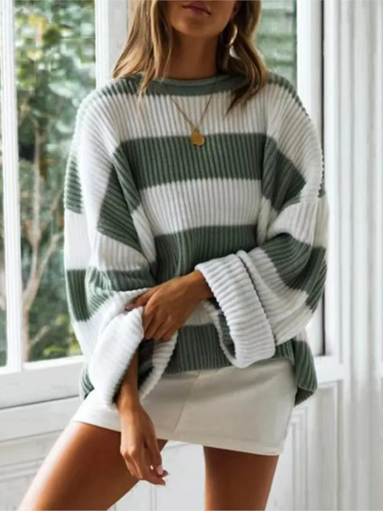 Autumn And Winter O Neck Long Sleeve Striped Sweater For Women 2024 Fashion Bell Sleeve Loose Knitted Sweaters Y2k Preppy style