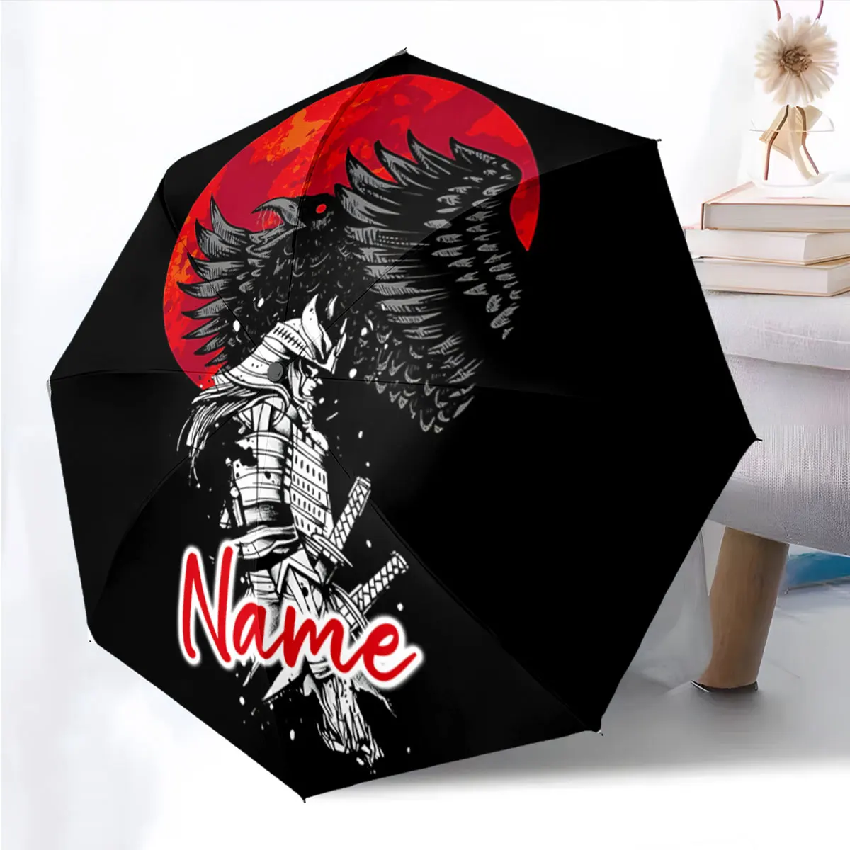 Custom Name Artistic Samurai Umbrella Design with Dark Aesthetic Print 8 Iron Ribs Folding Umbrella Auto-Open Fashion Sunshade