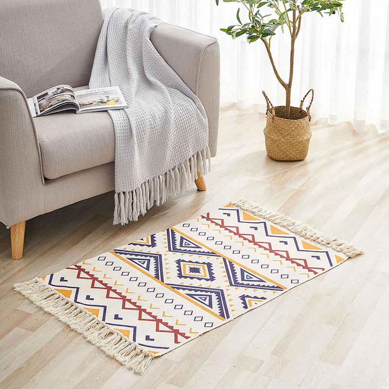 Hand Woven Cotton Linen Entrance Doormat Tassel Geometric Floor Mat Living Room Bedroom Bedside Rugs Home Decor Bohemian Carpets