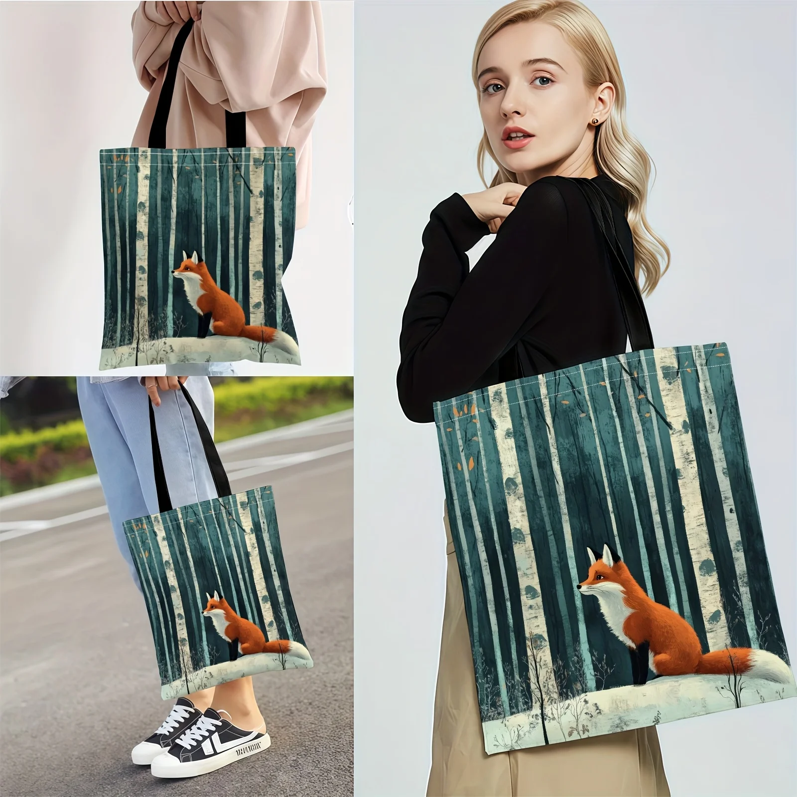 1pc Tote Bag, 2D Flat Effect, Forest-Inspired Artistic Style with Red Fox in Snowy Forest Animal Illustration Pattern, New Large