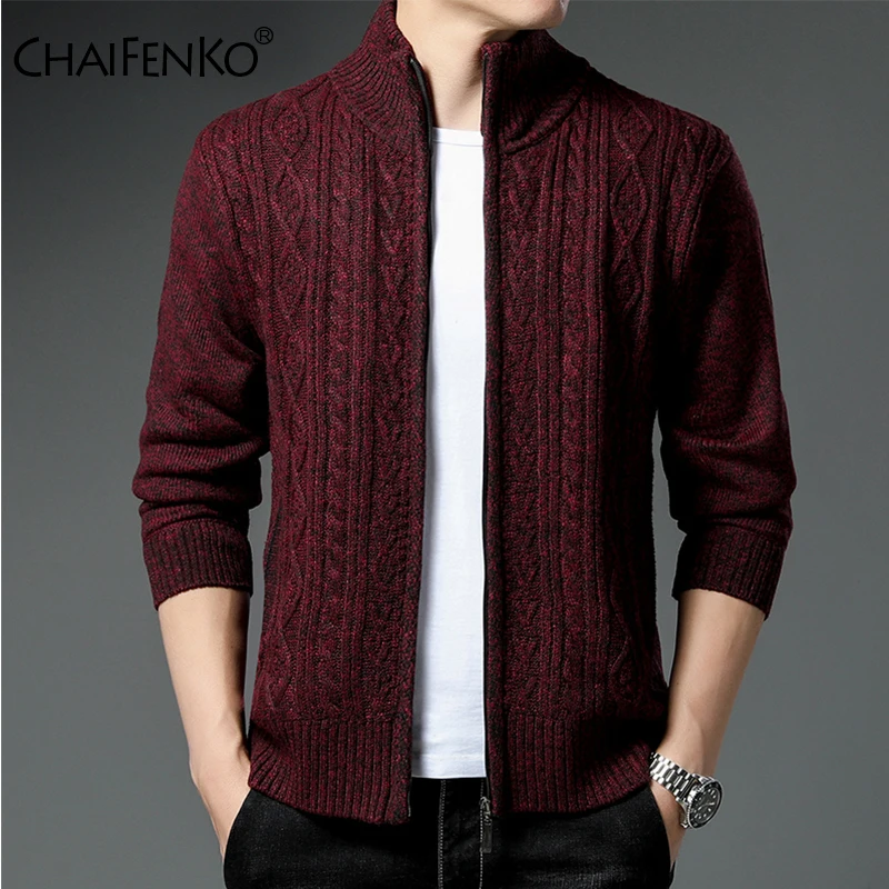 

New Man Stand Collar Zipper Cardigan Sweater Outdoors Casual Solid Knitted Tops Autumn Winter Thickening Keep Warm Coats Men