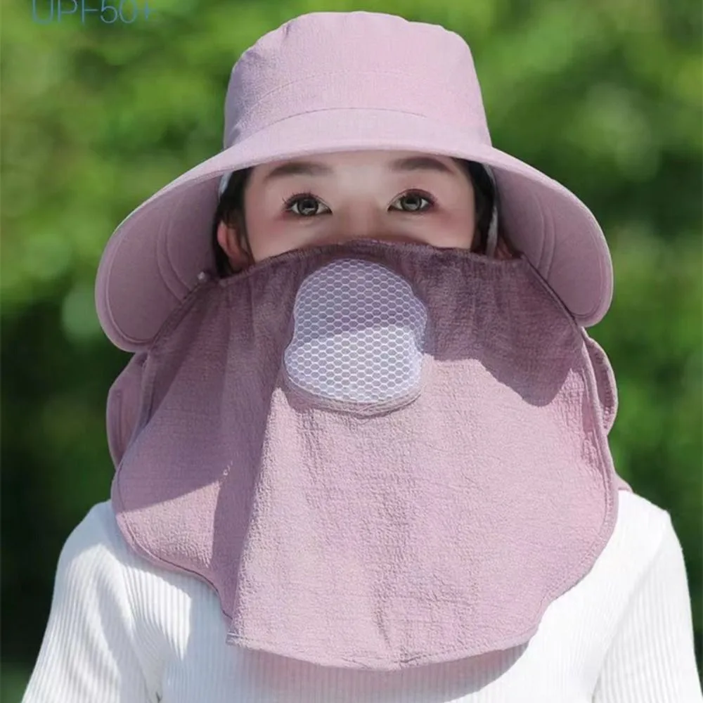 Sun Protection Women Sun Hat Neckline Mask Wide Brim Sunscreen Bucket Hat Fishing Cap Face Mask Tea Picking Hat Farm Work