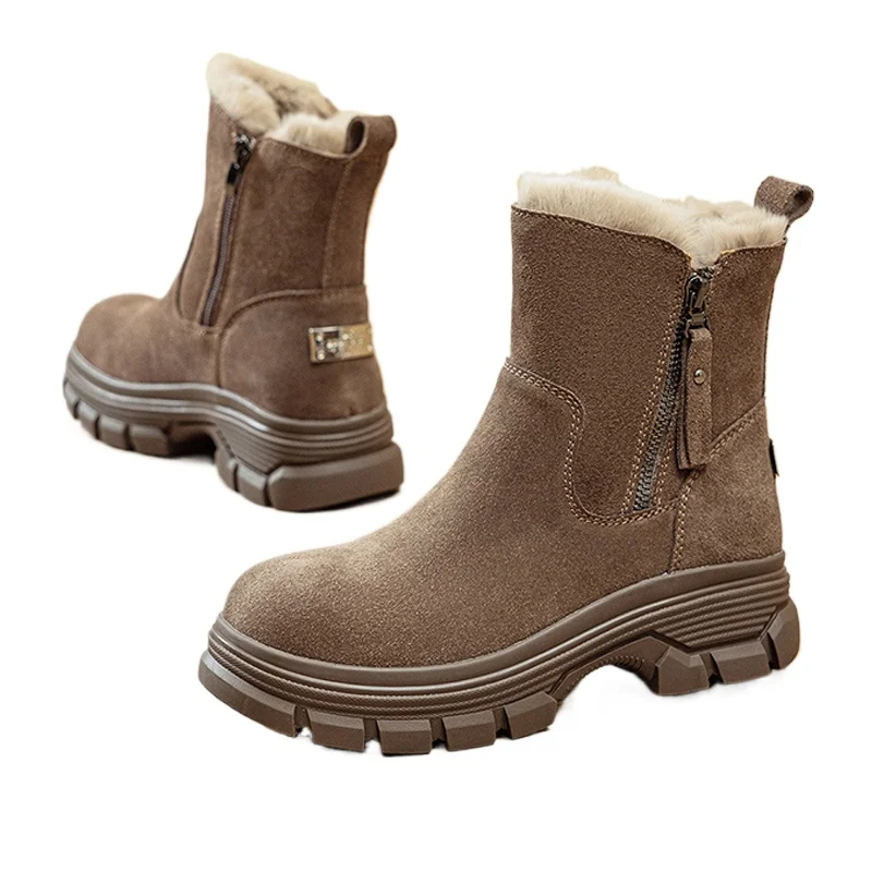 

2025 Winter Shoes Women Snow Boots Warm Plush Genuine Leather Shoes Fashion Brand Ladies Ankle Boots Thick Sole 4cm D752