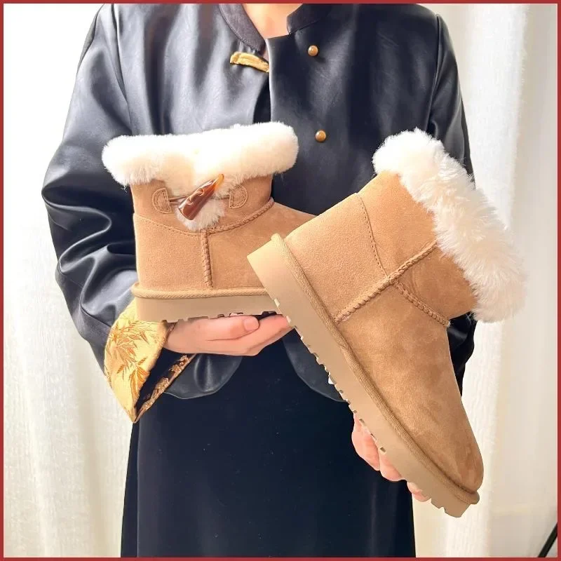 2025 New Winter Women's Boots with Horn Button Wool Chestnut Snow Boots Fur Ankle  Plush Thick Bottom Shoes