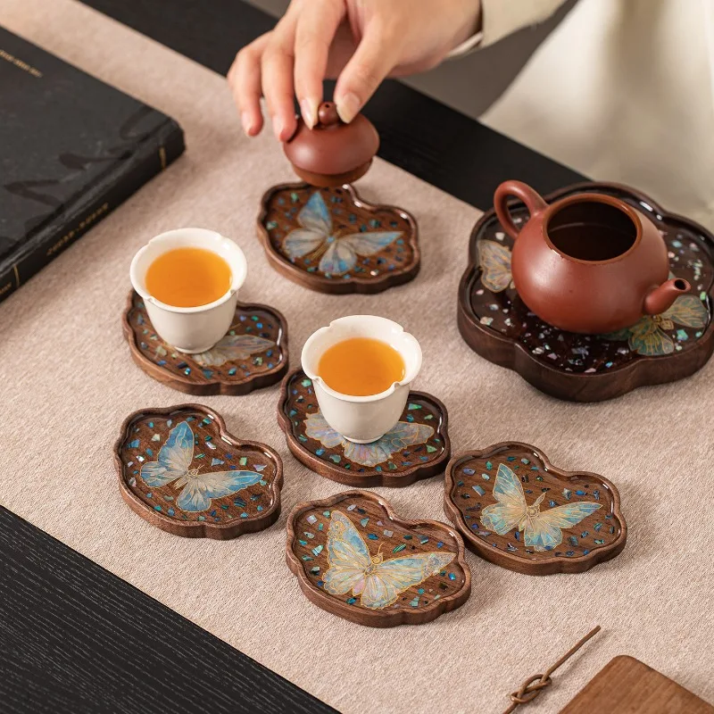 

Ebony Imitation Snail Butterfly Teacup Mat, Chinese-style Tide-proof Anti-scalding and Heat-insulating Tea Tray