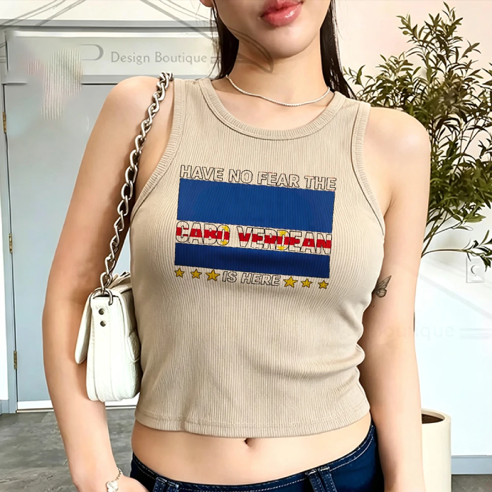 No tengas miedo, Cabo Verde está aquí: Top corto Y2K acanalado suave para mujer con estampado de la bandera de Cabo Verde, sin mangas, con gráfico retro de Cabo Verde.