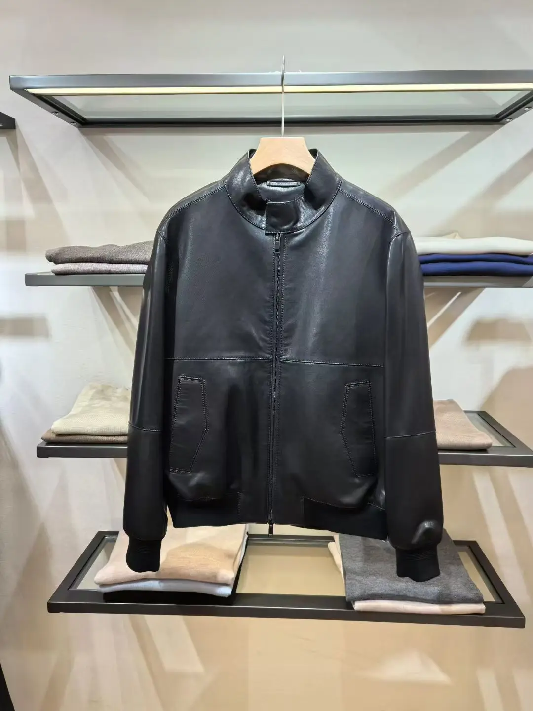 Men Vintage Black Leather Stand Collar Bomber Jacket
