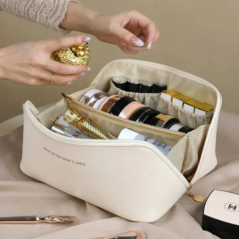 Borsa cosmetica da viaggio in pelle di grande capacità custodia per trucco portatile da donna borsa da toilette multifunzionale impermeabile per