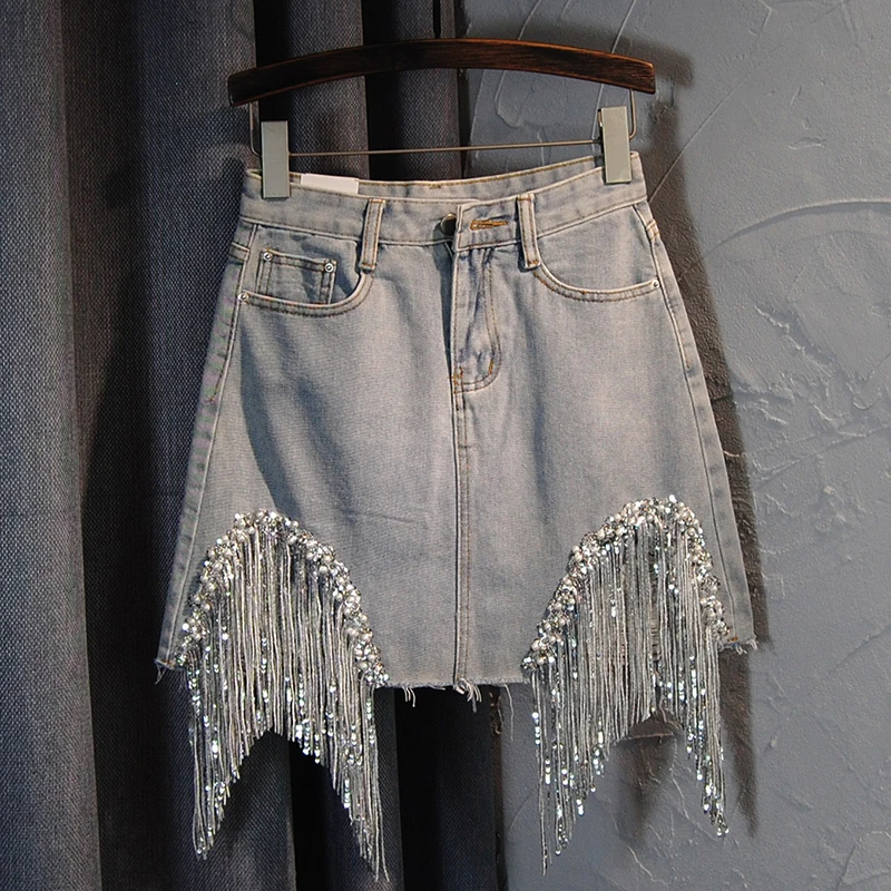 High Waisted Denim Skirt For Women Light Luxury Tassel Beading A-line Skirts Summer Chic Irregular Hip Hugging Short Skirt