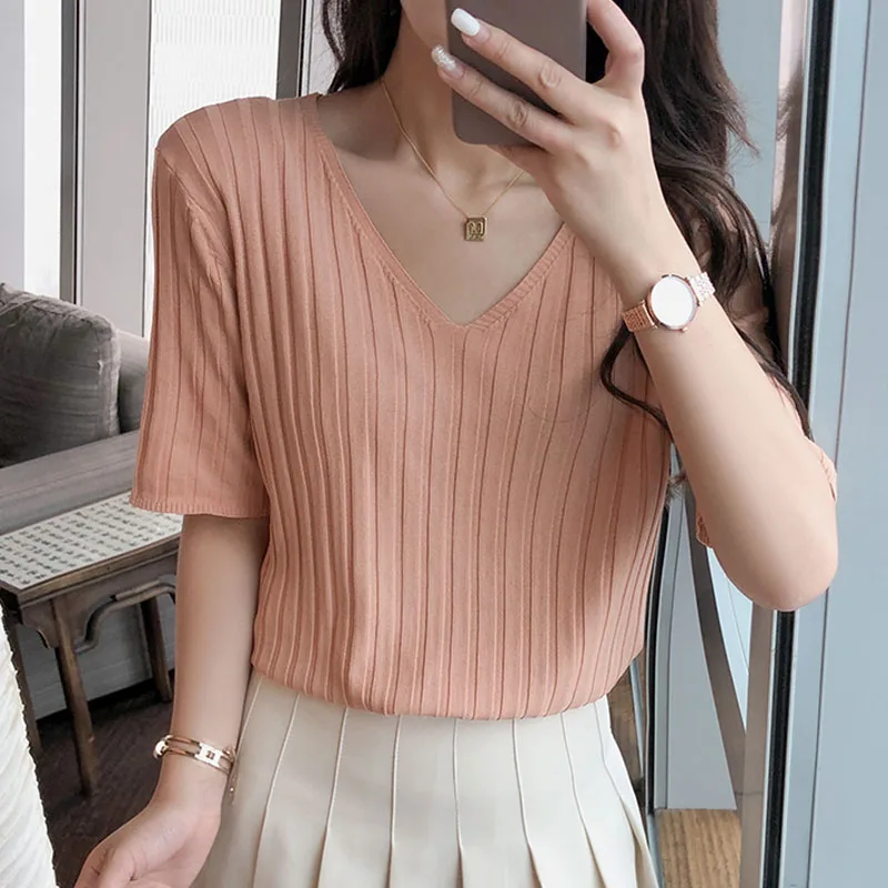 

Sweaters V-Neck Black Knitted Sweater Women Pullovers New Short Sleeve Knit Sweater Pullover Women Tops Sueters De Mujer Q3425