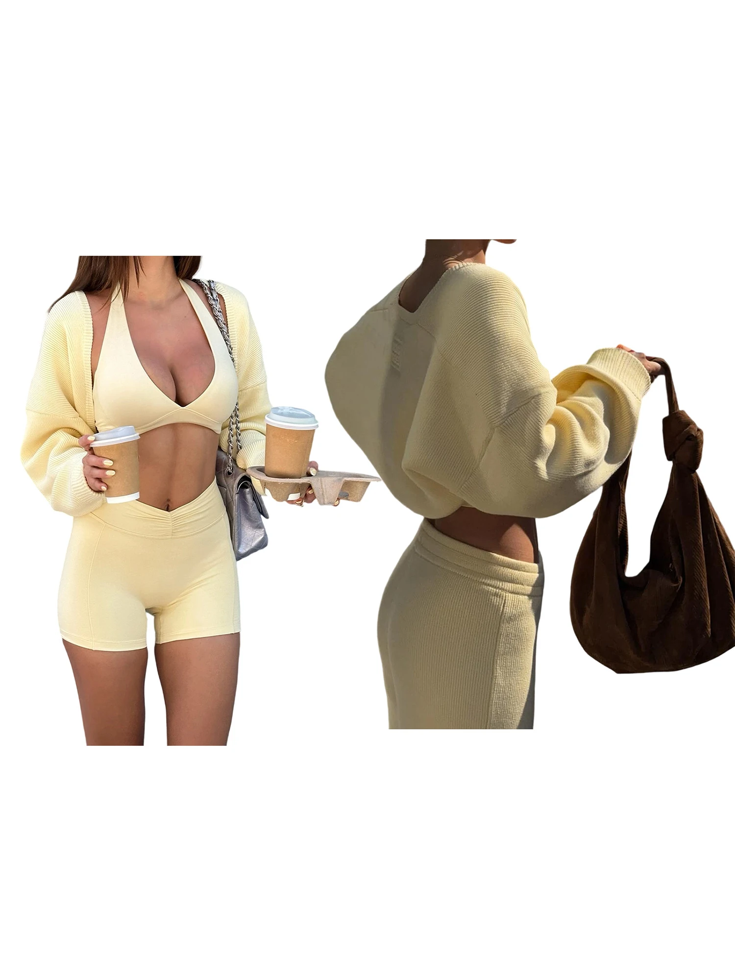 

Ladies Ribbed Knit Cardigan Sweater Solid Color Long Sleeve Open Front Crop Top Casual Autumn Streetwear Fashion
