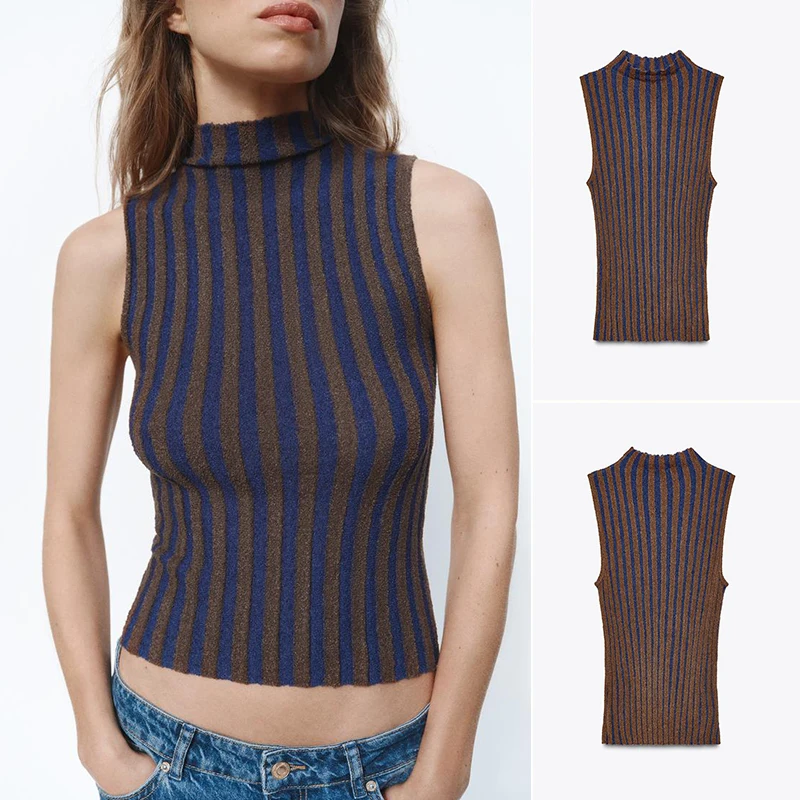 

Spring Summer New Women's Knitted Svel High Collar Stripe Top Slim Fit Polyester Fiber Commute Sle Regular Length