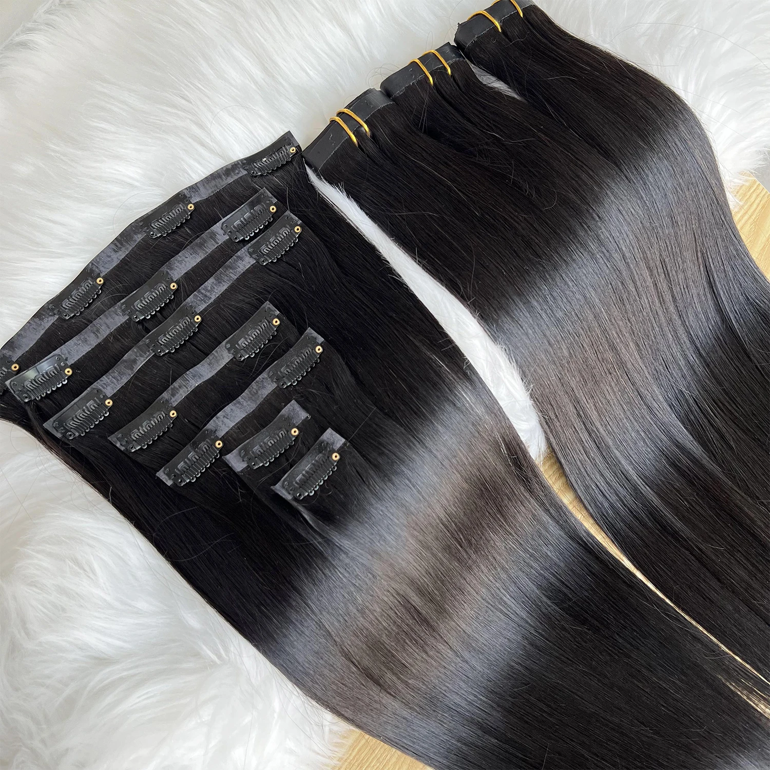 SWANEE Straight Clip in Hair Extensions Natural Black Double Weft Clip in Human Hair Extensions Brazilian Remy Hair for Women