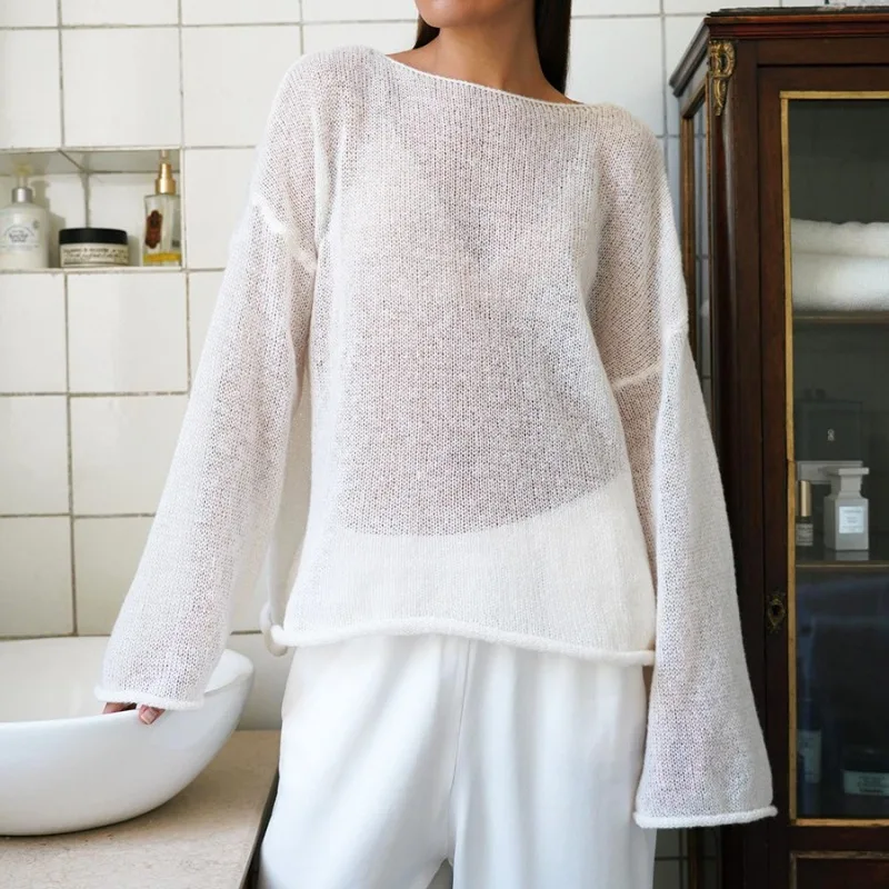 White Oversize Thin Knitted Pullovers Women Summer Knitwear T Shirts Red Loose Sweaters Trumpet Sleeves Transparent Sweater 2024