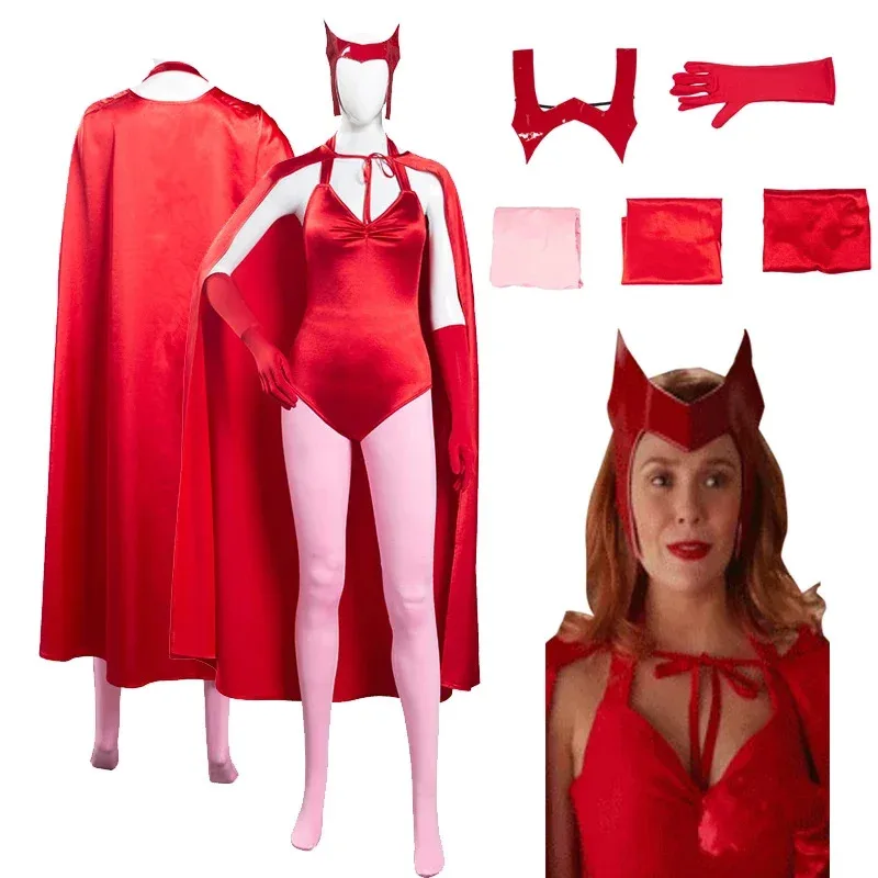 

2025 New Vision Scarlet Witch Wanda Maximoff Cosplay Costume Cloak Dress Women Jumpsuit Outfits Adult Halloween Carniva AA