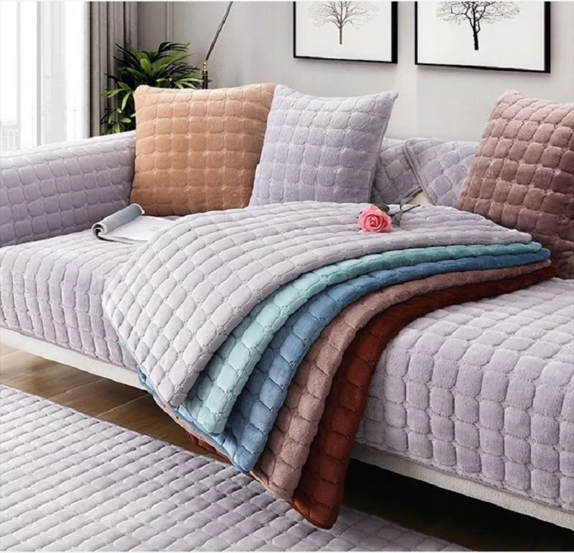 Thickened Flannel Sofa Cushion Universal Solid Color Plush Non-Slip Living Room Sofa Cover Warm Breathable Sofa Back Towel