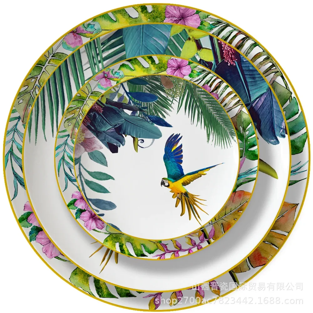 New Parrot Bone China Tableware Set Pastoral Phnom Penh Western Food Plate Household Bowl Coffee Cup Pratos Para Jantar Kitchen.