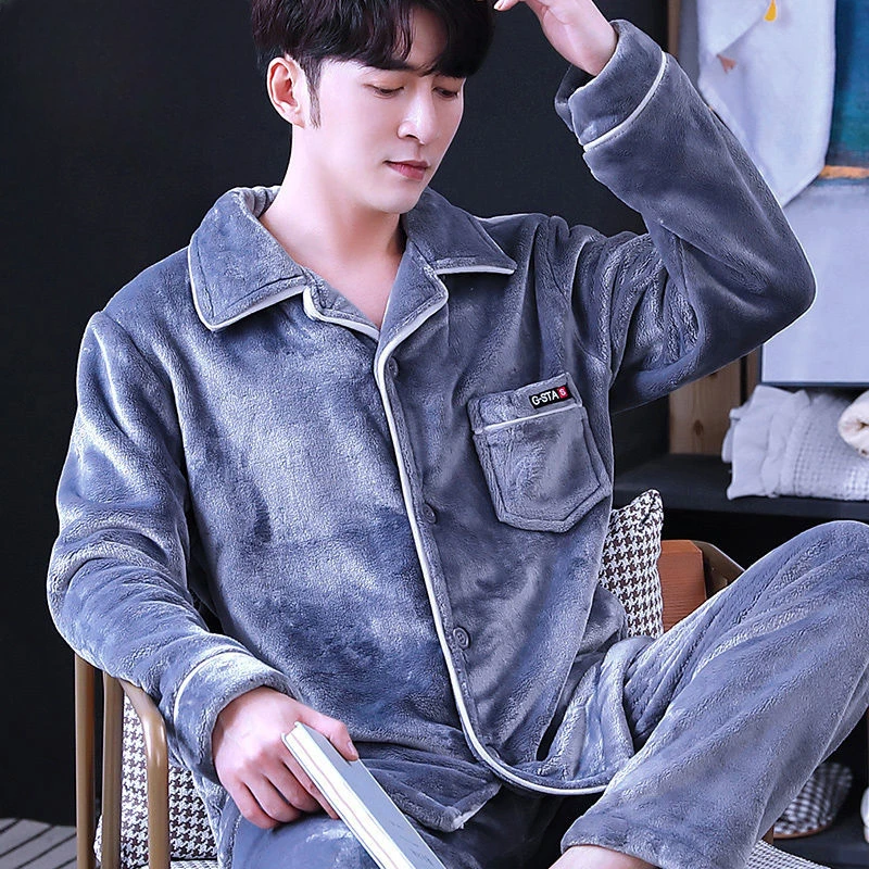 Men's Autumn winter pyjamas fleece thick pajamas Flannel thermal sleepwear set plus-size nightdress Lapel breasted loungewear