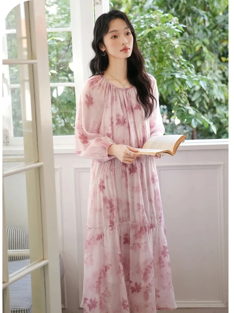 

VIMLY Women Floral Long Chiffon Dress Elegant French Style 2025 Autumn Vacation A-line Dresses Folds O-neck Loose Dress A0650