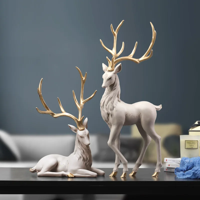 Resin Sculpture Reindeer Figurine Ornaments Deer Statue Standing and Sitting  Stag Accents for Home Entrance Mantle Table Decor