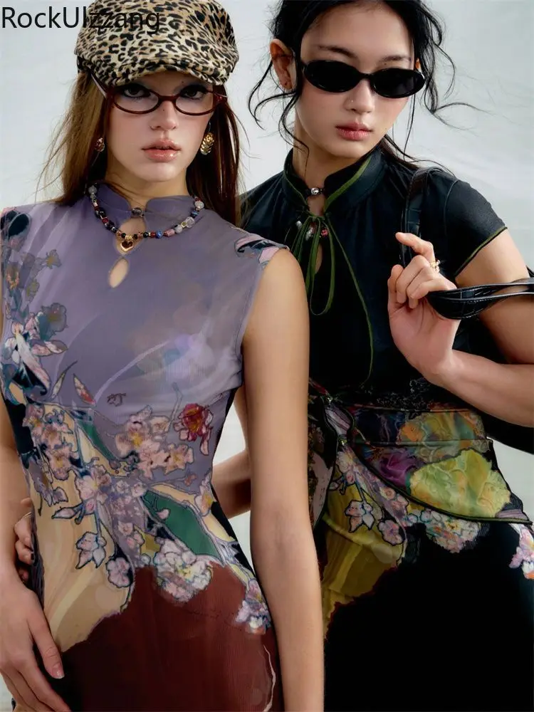 Chinese Ink Oil Painting Design Vintage Print Long Dress Women Summer Maxi Dresses sleeveless elegant y2k bodycon streetwear NEW