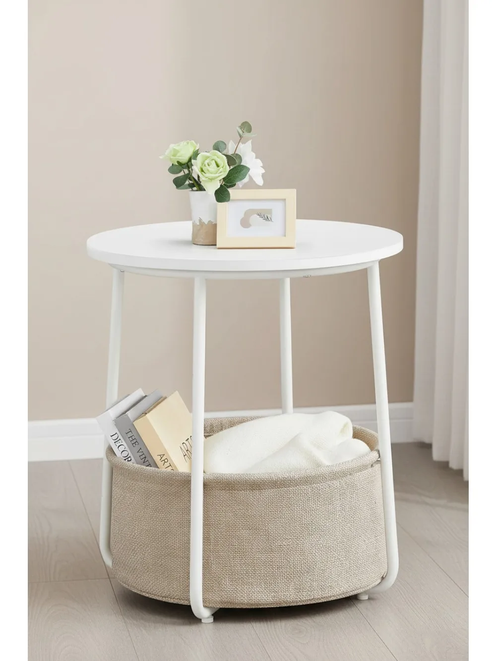 

Modern Round Side Table with Fabric Storage Basket, Small Nightstand for Bedroom Living Room, Easy Assembly
