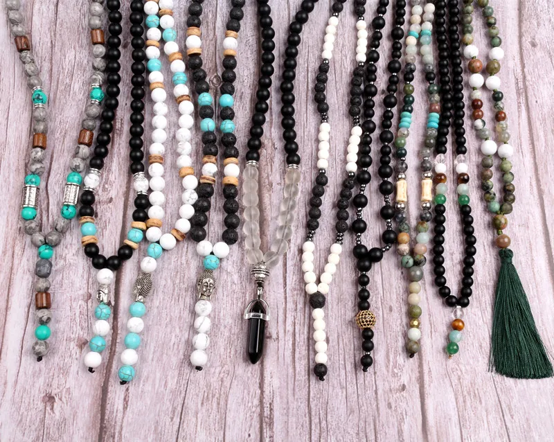 Natural Stone Beaded Necklace For Men Women Long Pendants Necklace Handmade Jewelry