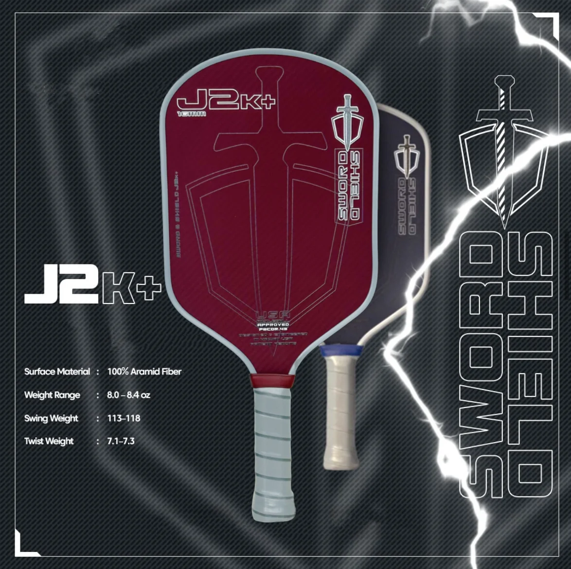 SWORD&SHIELD J2K+ مجداف كرة بيكلبول من ألياف الأراميد، قلب بوليمر على شكل قرص العسل، بقعة حلوة كبيرة، سمك 16 مم، سطح محكم