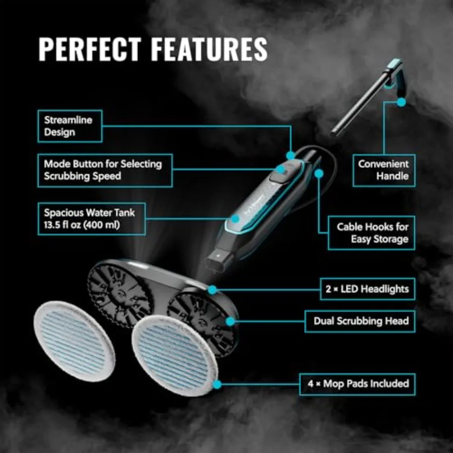 Alat Pel Uap dengan Kepala Penggosok Ganda, Lampu LED, Kontrol Uap yang Dapat Disesuaikan, Kepala Putar Anti-Selip, Penahan Kabel & Pengunci Tegak