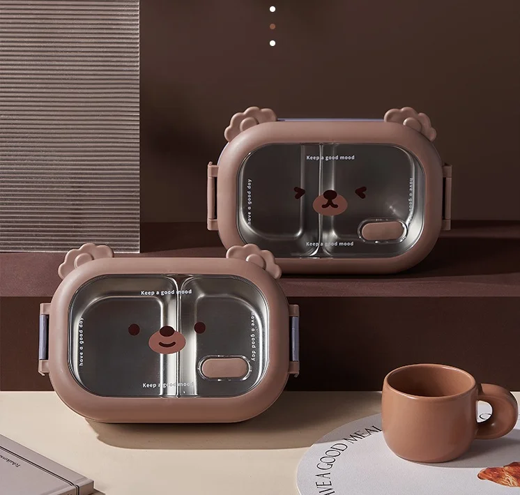 Cute Bear Stainless Steel Insulated Lunch Box for Kids Students Office Workers Bento Set