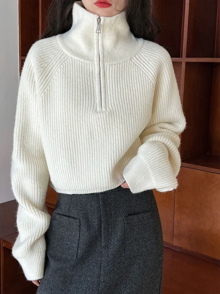 Knitted Women\'s Sweater Loose Thickened Semi-turtleneck Zipper Sweater Red Comfort Versatile 2024 Autumn New Short Sweater Women