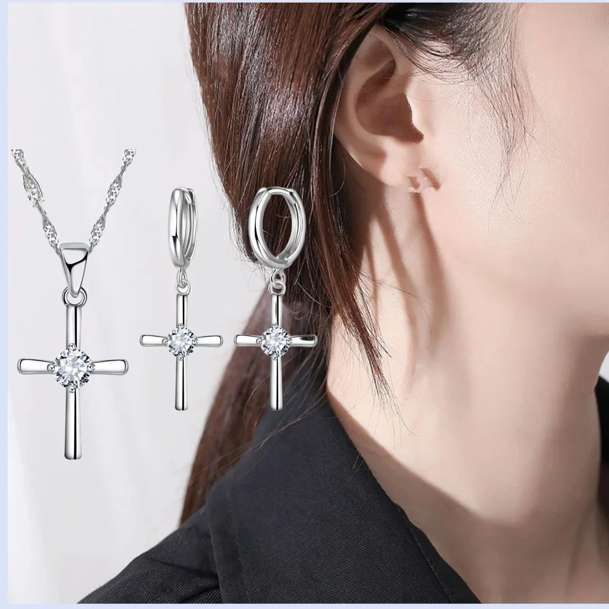 Genuine 925 Sterling Silver Geometric Cubic Zircon Pendant Necklace Earrings Set for Women Girls Wedding Party Jewelry Gifts