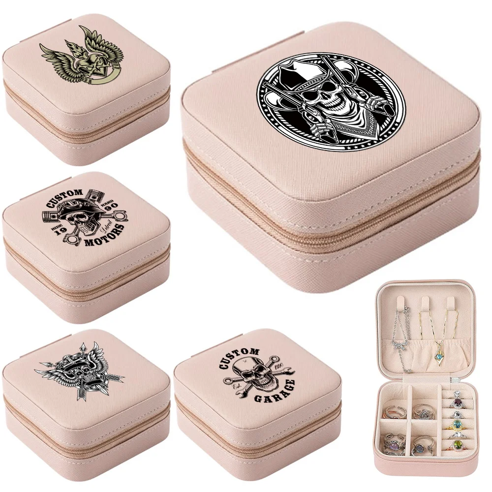 

Portable Jewelry Box Jewelry Organizer Display Travel Necklace Earrings Case Boxes Skull Print Leather Storage Zipper Jewelers