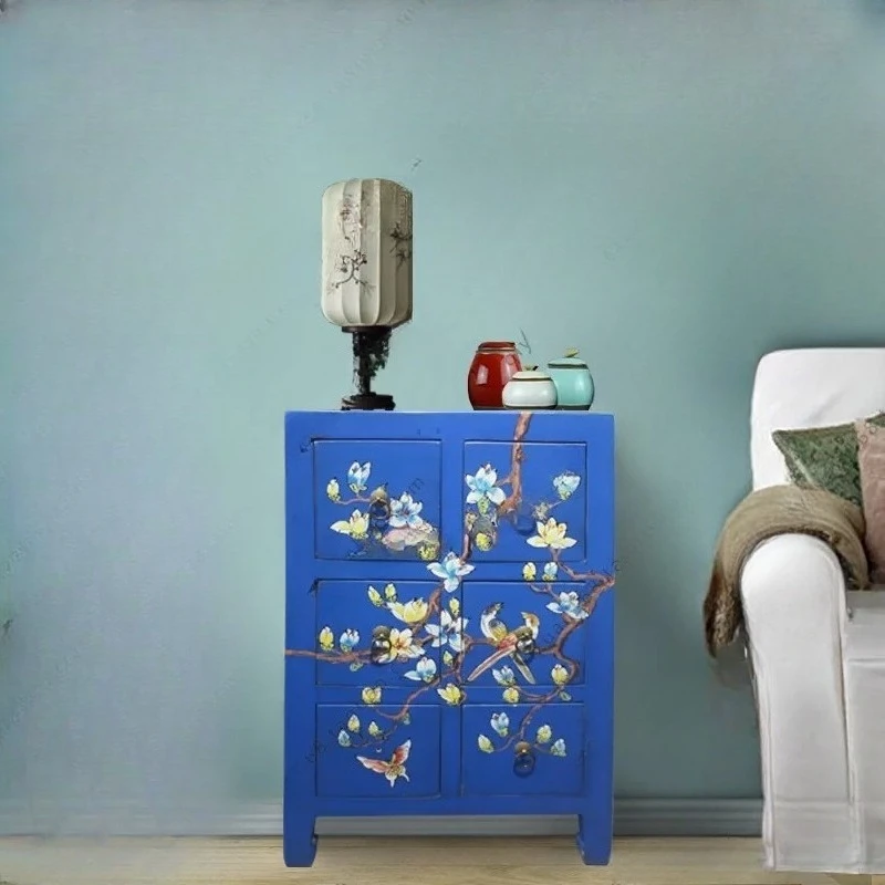 

Modern simple flower and bird new Chinese solid wood bedside table storage retro painted sofa side cabinet
